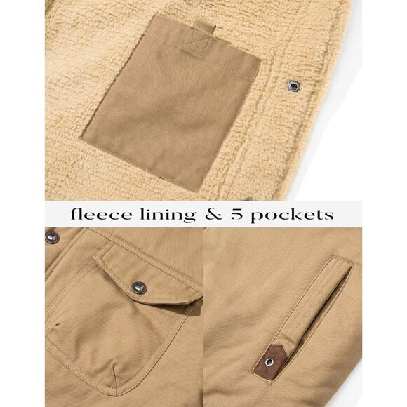 Men's Sherpa Trucker 5 Pockets Cotton Cargo Jacket Turn down Collar Winter Coats - Picture 7 of 7